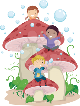 Illustration of Kids Playing Amongst Giant Mushrooms