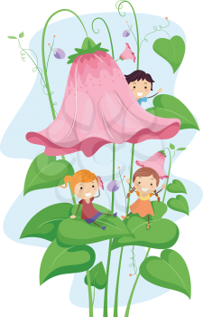 Illustration of Kids Playing On a Giant Flower