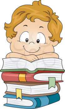 Illustration of a Kid Resting His Arms on a Pile of Books