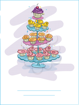Greeting Card Illustration Featuring a Stand Full of Cupcakes