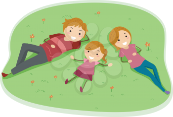 Illustration of a Family Lying on a Grass Field