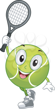 Illustration of a Tennis Ball Mascot Holding a Racket