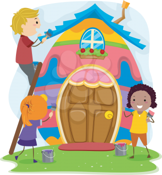 Illustration of Kids Turning a House into an Easter Egg