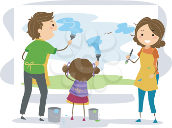 Illustration of a Family Painting Applying Paint on a Canvas