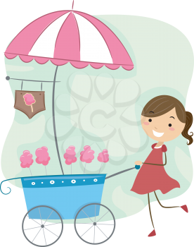 Illustration of a Girl Pushing a Cotton Candy Cart