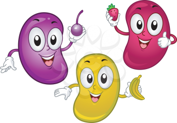 Illustration of Jellybean Mascots Holding Tiny Fruits