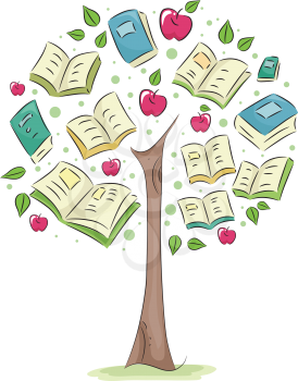 Royalty Free Clipart Image of a Tree With Books and Apples as Leaves