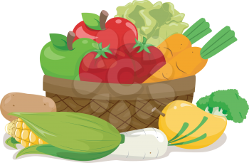 Royalty Free Clipart Image of a Basket of Fruits and Vegetables