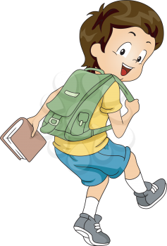 Sideview Illustration of a Little Kid Boy Student Carrying a Backpack and a Book