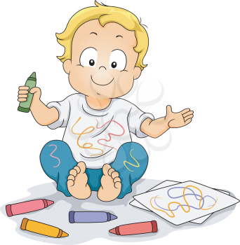 Illustration of a Boy Drawing Doodles Using Crayons