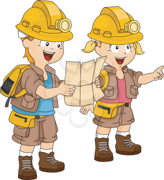 Illustration of a Pair of Siblings Dressed in Camping Gear Following a Map