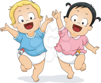 Illustration of Babies in Diapers Happily Dancing Around While Waving Their Hands in the Air