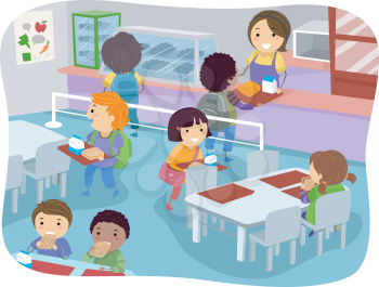 Illustration of Kids in a Canteen Buying and Eating Lunch