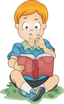 Illustration of a Little Boy Thinking About Something While Reading a Book