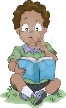 Illustration of a Little African-American Boy Thinking About Something While Reading a Book