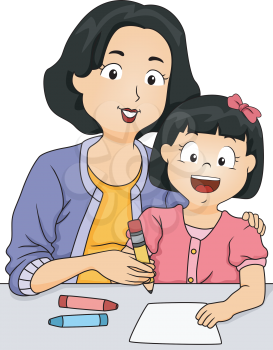 Illustration of a Mother Teaching Her Daughter How to Write