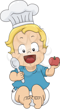 Illustration of a Little Boy Wearing a Toque and Holding a Tomato and a Spoon