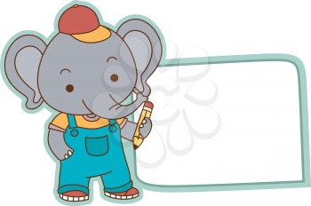 Illustration of a Ready to Print Label Featuring a Cute Elephant Holding a Pencil