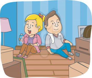 Illustration of a Couple Resting After Moving Their Things Around