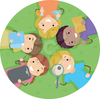 Illustration of Kids Studying While Lying on the Grass