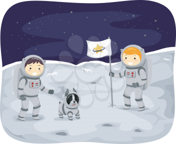 Illustration of Kids Wearing Space Suits Walking on the Moon