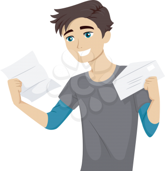 Illustration of a Male Teen Happily Reading His College Acceptance Letter