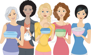 Illustration of Women Carrying Different Food Containers to a Party