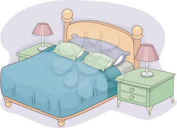 Colorful Illustration of a Double Bed with Lampshades on Both Sides