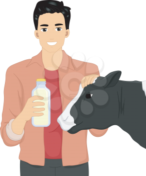Illustration of a Man Standing Beside a Cow Holding a Bottle of Milk