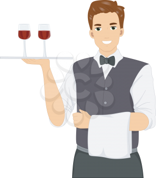 Illustration of a Male Waiter Carrying a Wine Tray Holding Glasses of Wine
