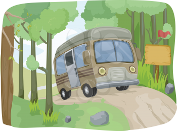 Illustration of a Bus Passing a Blank Sign on a Dirt Road