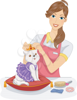 Illustration of a Woman Dressing Up a Cat