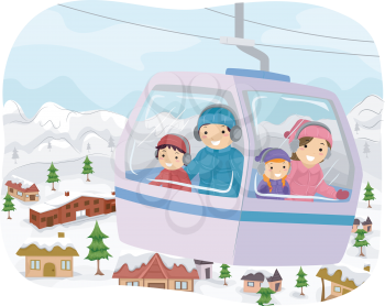 Illustration Featuring a Family in a Cable Car Checking Out the Snowy Slopes Below