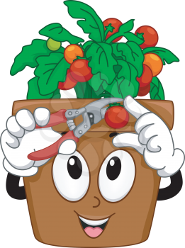 Mascot Illustration Featuring a Pot of Cherry Tomatoes Cutting Its Fruit