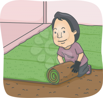 Illustration Featuring a Man Rolling Out a Strip of Sod