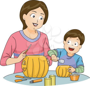 Illustration Featuring a Mother and Son Carving Pumpkins