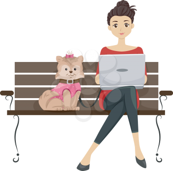 Illustration Featuring a Girl Using a Laptop in a Dog Park While Her Dog Sits Beside Her
