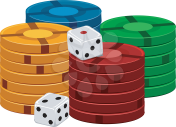 Illustration of a Pair of Dice Sitting Side by Side With Stacks of Poker Chips