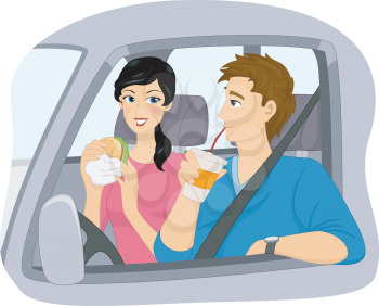 Illustration of a Couple Eating Fast Food at  a Drive Thru Restaurant