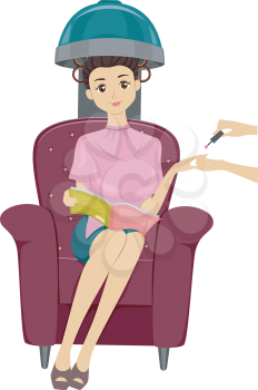 Illustration of a Teenage Girl Reading a Magazine While Having Her Nails and Hair Done