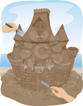 Illustration of People Making a Sand Sculpture of a Castle
