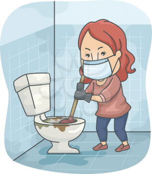 Illustration of a Girl Trying to Unclog a Toilet Bowl