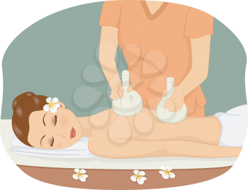 Illustration of Girl Lying on a Spa Bed While Being Treated With a Poultice