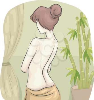 Rear View Illustration of a Half-Naked Woman in a Spa