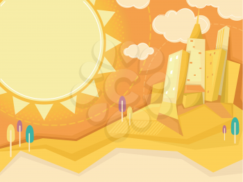 Illustration of the Sun Shining Brightly Over a City Filled With Giant Buildings