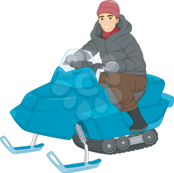 Illustration of a Young Man Riding a Snow Mobile