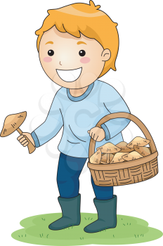 Illustration of a Little Boy Picking Mushrooms