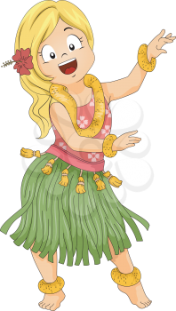 Illustration of a Little Girl Wearing a Grass Skirt and Doing the Hula Dance