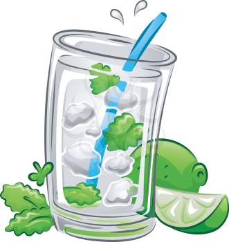 Illustration of a Mojito Drink with Lime and Mint Leaves