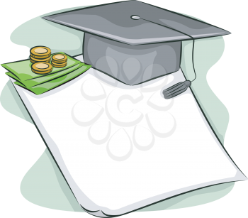 Illustration of a Graduation Cap Sitting on Top of a Loan Contract
